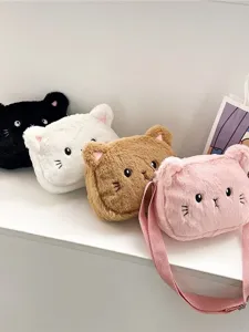 Lindo Bolso Bandolera de Peluche con Forma de Gato para Niñas Pequeñas Bolso de Hombro de Animal Peludo Bordado Con Correa Ajustable
