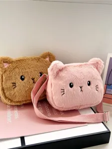 Lindo bolso de hombro de gato de felpa para niños en rosa y marrón