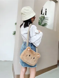 Lindo bolso bandolera de peluche con forma de gato para niñas en color marrón con correa ajustable