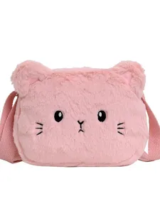 Lindo bolso bandolera de felpa de gato rosa para niñas pequeñas y niños cartera
