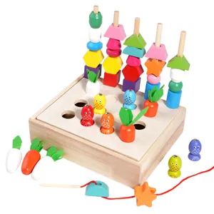 Wooden educational toy for kids, shape matching puzzle, carrot pulling and magnetic fishing set.