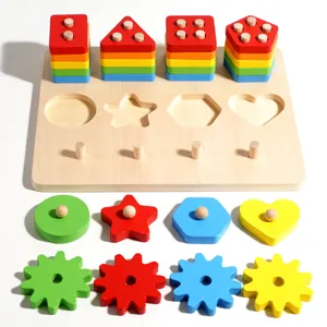 Giocattolo educativo Montessori in legno per bambini con forme geometriche e ordinamento.