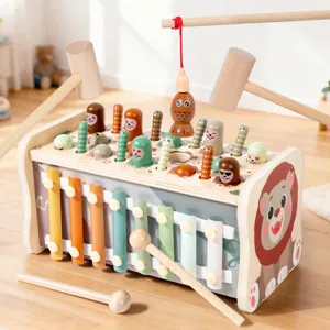 Jouet Éducatif de Marteau de Pêche de Xylophone Multifonctionnel en Bois Mignon Lion Dessin Animé Jouet d'Apprentissage Précoce