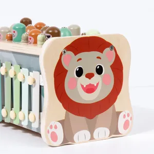 Jouet éducatif multifonctionnel en bois 5-en-1 pour bébé avec joli design de lion.