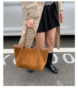 Large capacity brown suede tote bag for women, minimalist daily commuting shoulder bag.