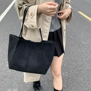 Large capacity black matte tote bag, versatile casual shoulder bag for women daily commute.