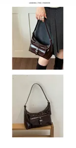 Vintage retro patent leather shoulder bag, chic underarm hobo bag with front pocket.