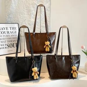 Damen Retro PU Leder Tote Tasche Großes Kapazität Pendeln Umhängetasche Lässige Henkeltasche Mit Bär Anhänger