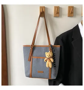 Stylish large capacity tweed tote shoulder bag with cute bear pendant and brown leather trim details