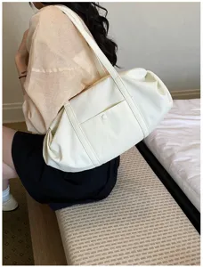 Korean minimalist white canvas shoulder bag, casual large capacity daily tote handbag.