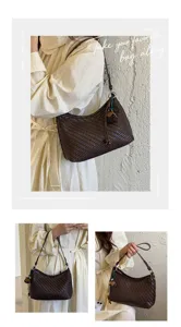 Elegante borsa a spalla intrecciata marrone scuro da donna, borsa sottobraccio casual.