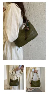 Korean style minimalist woven underarm shoulder bag for women, retro commuter hobo handbag.