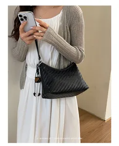Borsa a spalla intrecciata minimalista da donna, elegante borsa retrò chic, borsa casual in PU.