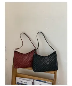 Woven underarm shoulder bag, stylish commuter PU leather retro hobo bag for women.