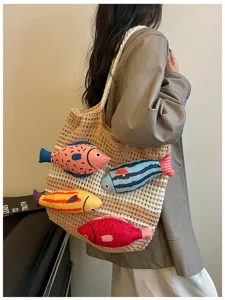 Lässige Damen Strick-Tragetasche mit kreativen 3D Plüschfischen, große Kapazität Umhängetasche.