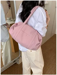 Pink pleated shoulder bag casual daily hobo handbag large capacity soft fabric women bag detail view