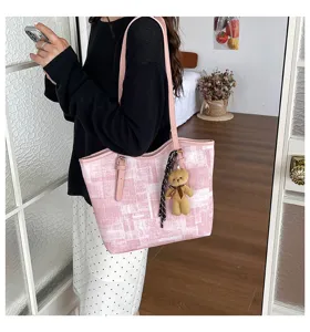 Pink plaid tote bag large capacity casual shoulder bag with cute bear pendant for daily commute.