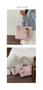 Large capacity women's tote bag stylish shoulder bag casual commuter handbag with bear charm