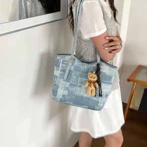 Blue denim texture tote bag large capacity shoulder bag with cute bear pendant for women