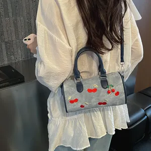 Denim blue cherry embroidery Boston bag stylish shoulder crossbody handbag for women casual.