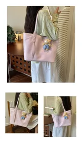 Pink PU leather tote bag for women, stylish large capacity shoulder bag with cute bear pendant.