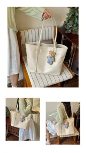 Women minimalist PU leather tote bag large capacity shoulder bag with cute bear pendant