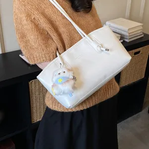 White PU leather shoulder bag casual tote purse with cute plush charm for women daily commute