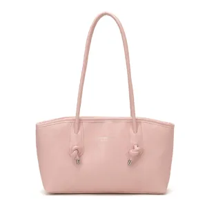 Pink shoulder tote bag for women, stylish commuting handbag with thin straps and cute knot decor.