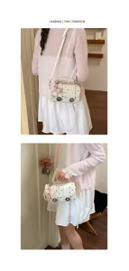 Korean vintage polka dot crossbody handbag for women with cute bow and pearl charm, stylish design.