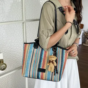 Summer rainbow striped straw tote bag for women, fashion casual shoulder beach bucket bag.