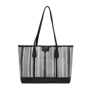 Large capacity straw woven tote bag, chic black and white striped handbag for summer travel.