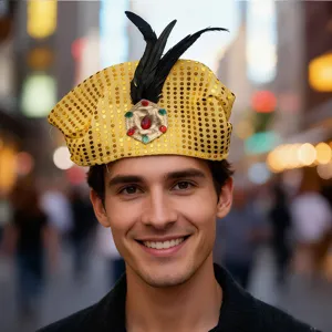 Turbante de lentejuelas gorro de príncipe con pluma y gemas para fiesta y disfraz.