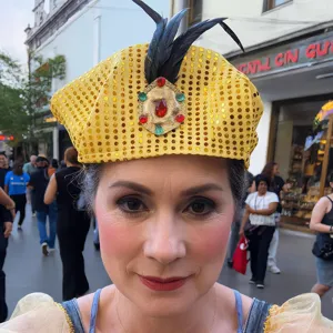 Sombrero turbante de lentejuelas doradas con pluma y gema, ideal para fiestas y disfraces.