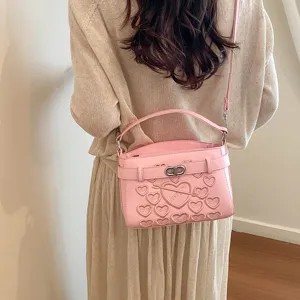 Pink heart quilted top handle crossbody bag for women cute stylish daily shoulder bag