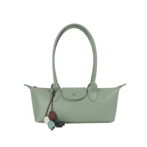 Light green minimalist horizontal shoulder bag for women, chic underarm handbag with flap.