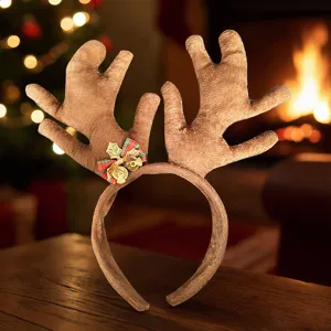 Serre-tête de renne de Noël avec nœud écossais et clochettes pour fête et accessoires photo.