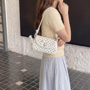 Cute polka dot shoulder bag for women, sweet bow and lace design, stylish commuter handbag.