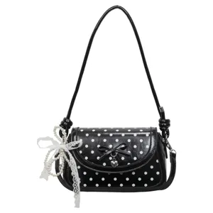 Black and white polka dot shoulder bag with sweet lace pearl bow charm for women stylish