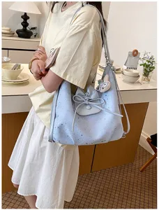 Sac cabas bleu clair imprimé étoiles avec nœud mignon, sac bandoulière femme élégant.