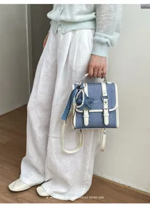 Petit sac à dos en jean avec bordure en cuir blanc, sac bandoulière vintage élégant