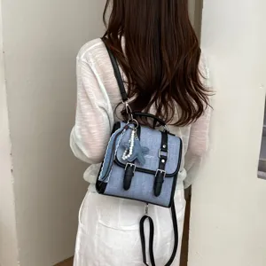 Sac à dos en jean vintage pour femme élégant école loisirs cartable avec pendentifs poignée
