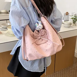 Sac cabas rose imprimé étoiles pour femme avec nœud et joli pendentif lapin sac bandoulière.
