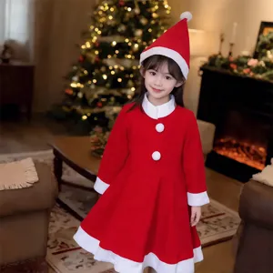Kids Christmas dress and hat set, cozy red white festive costume for holiday party performance.