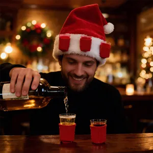 Christmas party plush santa hat with shot glass holders and festive novelty bar drink cups