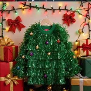 Grüner Lametta Weihnachtsbaum Pullover Kostüm mit bunten Weihnachtskugeln für Party.