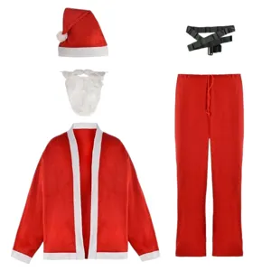 Set costume da Babbo Natale in 5 pezzi con giacca, pantaloni, cappello e barba.
