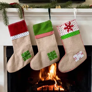 Large Linen Christmas Stocking Xmas Tree Hanging Decoration Gift Bag Holiday Party Home Indoor Decor