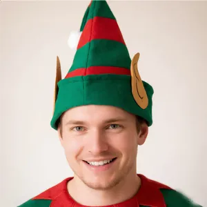 Christmas Elf Hat With Ears Red And Green Striped Non-Woven Festive Party Cap Xmas Holiday Costume Accessories