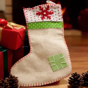 Large linen Christmas stocking for holiday gift bag and festive seasonal decoration