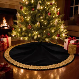 Black velvet Christmas tree skirt with gold sequin border for holiday party decor detail.